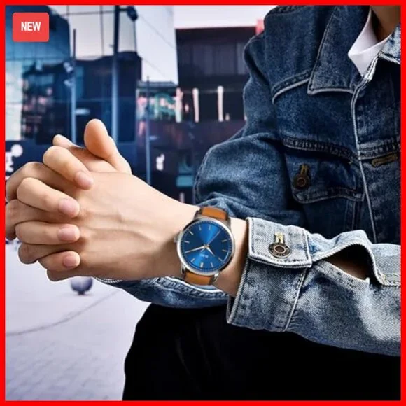 Men's Brown Leather Dress Watch Minimalist Slim Case Analog Quartz